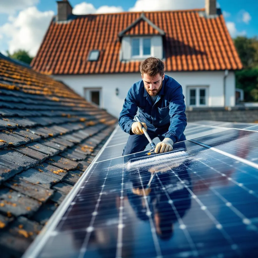 Nettoyage de panneaux solaires sur une toiture par Tom Vitres